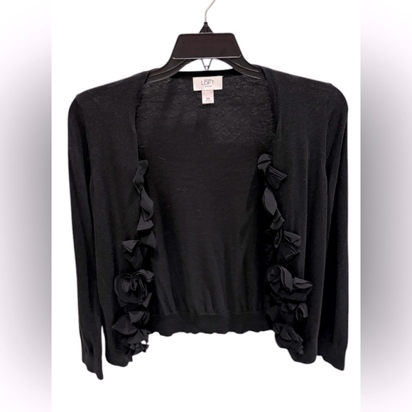 Ann Taylor LOFT Black Chiffon Flower Trimmed Cardigan Open Front Size Medium - Picture 1 of 3